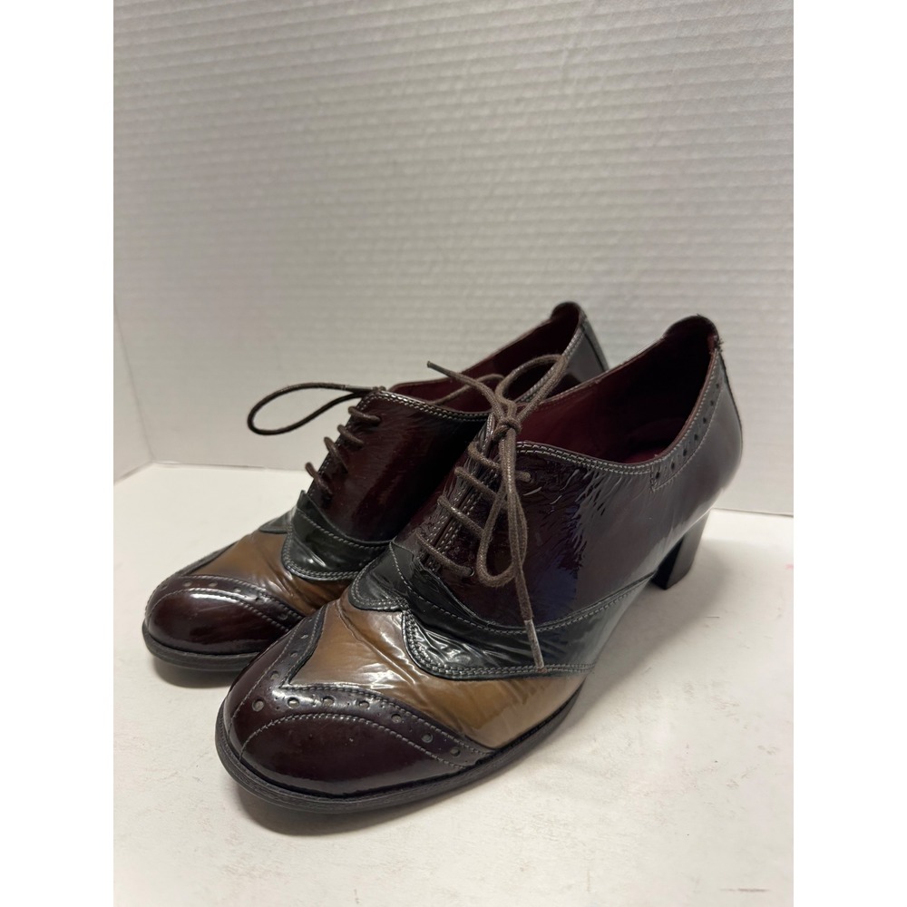 Hispanitas Spain Patent Leather Wingtip Oxford Heels Burgundy Green 38 7.5